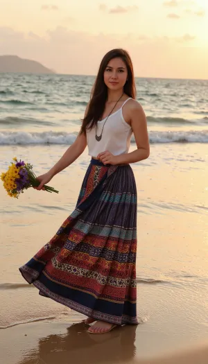 A stunning 25-year-old Turkish girl standing at the shoreline, where the vast, azure sea kisses the golden sands. With her back slightly turned to the camera, she faces the horizon, where the sun is setting in a symphony of oranges and pinks, casting a warm, ethereal glow on her figure and the surrounding landscape. Her raven hair, adorned with loose waves, flows gently in the coastal breeze. She is dressed in a vibrant, floor-length skirt that flutters around her ankles, revealing a pair of sandals that are almost buried in the sand. The skirt, a mix of deep blues and intricate patterns reminiscent of traditional Turkish tapestry, complements the sea's color palette. Above, she wears a simple white blouse, unbuttoned at the top to expose a delicate necklace that mirrors the ocean's sparkle. Her skin, kissed by the sun, exudes a natural beauty that is both captivating and mysterious. In one hand, she holds a bouquet of freshly picked wildflowers, their colors popping against the serene backdrop. The sea stretches out before her, its surface a canvas of shimmering light reflecting the sky's fiery transformation. The girl's posture is one of quiet contemplation, her eyes fixed on the distant line where the sea meets the heavens. Her reflection in the wet sand is a mere echo of her beauty, as if the earth itself is in awe of her presence. The serene scene is framed by the silhouettes of tall palm trees swaying in the background, whispering secrets to the evening air. The overall composition exudes a sense of tranquility and grace, as the beauty of the young woman becomes one with the majesty of the sea and the unspoken poetry of the setting sun