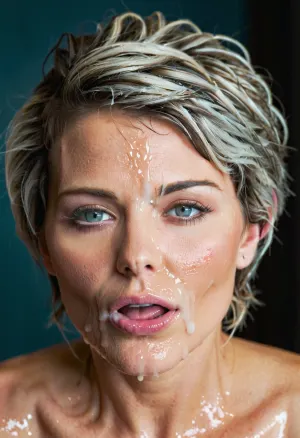 score_9, score_8_up, score_7_up, score_6_up, poprtrait, tight, orgasm face, horny, sexy, nice white teeth, (dark wet tiny lips), grey short messy hair, blue eyes, semen in her tongue, semen dripping, dark background, soft light, mature lady, MILF, 40 years old, woman, cum, on, face, <lora:JustCum:1>