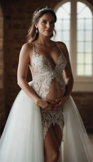 Pregnant woman in sexy revealing wedding dress