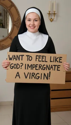 A 19 year old woman, (((petite))), blonde hair, dressed as a nun, nuns habit, standing in a nunery, holding a handmade sign "WANT TO FEEL LIKE GOD? IMPREGNATE A VIRGIN!".