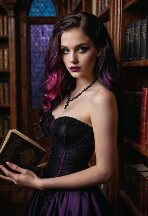 Hyperrealitc photograph of a gorgeous tall 20yo American goth girl wearing a tight black and purple gothic style strapless dress, long wavy hair, duotoned hair, pink highlights, sharp features, high cheekbones, thin lips, small nose, piercing blue eyes, supermodel quality makeup, gothic library background, pulling a book from bookshelf, professional lighting, best camera, masterpiece quality