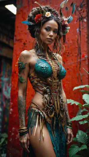 A full body shot woman with a fish scale dress hybrid of human and alien, ((full body view)), skin, unreal hair, perfect eyes, in the jungle Art, Jean-Baptiste Monge + Jessica Rossier + Brian Froud, Award-Winning Render, Unreal Engine 3D, Symbolism, Colorful, Polished, Complex, UHD, D3D, 16K", full-color painting of biomechanical cyborg, geisha, (((Graffiti art), (by Carne Griffiths))), red wall background, insane details, intricate details, hyperdetailed, low contrast, soft cinematic light, exposure blend, hdr, front