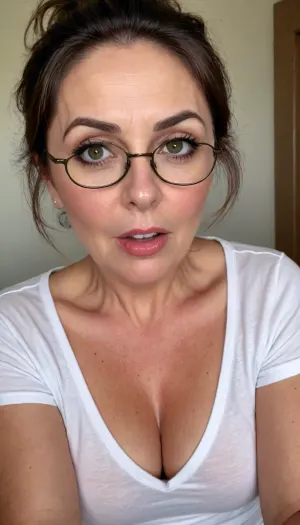 (1gilf:1.3), exotic Mature woman, 65 years old housewife, (exotic), black hair in a ponytail, (olive skin tone:1.3), (fat round face), glasses, double chin, detailed hair, messy hair, disheveled hair, ((wearing a tight white v-neck t-shirt)), cleavage, flirty, flirting, seductive stare, looking at viewer, intense eye contact with viewer, orgasm eyes, horny, sexy, lipstick, beautiful eyes, green eyes, realistic eyes, detailed eyes, (big eyes:1.2), (open eyes), beautiful face, wrinkles, hoop earrings, super realistic, skin stretch, dark circles under eyes, plump lips, full lips, big juicy lips, old skin, wet lips, wet moisture, spots with skin marks, detailed skin, (open mouth:1.4), orgasm face, orgasm, screaming, scream, cumming, edgOrgasm_face, selfie picture, view from below, bottom to top view, picture from bottom to top, riding, best quality, downblouse, nipslip, braless, no, bra