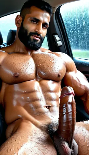 ('Junaid Pathan' and 'Afzal Khan' are Hairy), Very ruggedly handsome Big Muscular Indian Muslim bodybuilders proudly showing their Big Cock in the Car at Midnight, (Handsome and Hot Muslim hunk with very very long beard), dark and rough Muslim men, (40 year old, Muslim, tall muscled Arab Indian dark male, rough, dominant, daddy, (hairy Chest and armpits), bodybuilder, enormous thick long dark cock, perfect fingers, oily Sweaty body, small black grey hair slicked back, dilf, Big seductive eyes, Wet body), (big black circumcised penis with big testicles), (rain drops), ultra sharp high definition details, pubic hair, professional photography, sharp focus, 4k high definition, insanely detailed, RAW photo, HDR, hyper-realistic, cinematic lighting, photo realism, (silver rings), Big, cock, <lora:xpenis-1.5e:.5>, <lora:pein:.5>