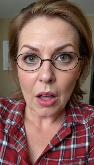 (gilf:1.6), exotic Mature woman, 75 years old housewife, (exotic), auburn hair in a ponytail, (glasses), (olive skin tone:1.3), (chubby round face:1.3), (double chin:1.2), detailed hair, messy hair, disheveled hair, ((wearing a tight plaid flannel shirt)), cleavage, flirty, flirting, seductive stare, looking at viewer, intense eye contact with viewer, orgasm eyes, horny, sexy, lipstick, beautiful eyes, (green eyes), realistic eyes, detailed eyes, (big eyes:1.2), (open eyes), beautiful face, wrinkles, hoop earrings, super realistic, skin stretch, dark circles under eyes, plump lips, full lips, big juicy lips, old skin, wet lips, wet moisture, spots with skin marks, detailed skin, (open mouth:1.4), orgasm face, orgasm, screaming, scream, cumming, edgOrgasm_face, selfie picture, view from below, bottom to top view, picture from bottom to top, riding, best quality