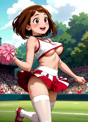 A charming lift: uraraka ochako's playful cheerleader leap in anime screencap