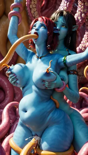 a two woman held upside down by big tentacles, fucked by yellow big tentacles, cum, (((big tentacles throat fuck))), best quality, excited, happy, horny, big tentacles groping all over, orgasm, big tentacles, creampie, moaning, body groped by big tentacles, (((Large tentacles penetrate the nipples, nipple fuck))), red hair, naked, screaming, rolling eyes, tears, throat bulge, stomach bulge, large natural saggy breasts groped by big tentacles, chubby, wide hips, big tentacles groping thick thighs, gigantic ass, massive thighs, Kiri, <lora:Kiri_from_Avatar_The_Way_of_Water-000004:2>