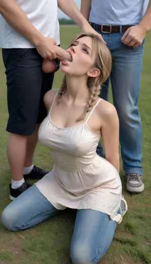 photorealism, (20 year old girl in a very short loose floral transparent Summer dress gives a throat blowjob), she rams herself down on his huge cock, forcing herself to deepthroat, ((dick stretches throat)), freckles, big butt, swallows cock and licks balls with her tongue, squat, blonde hair, braided pigtails, cum on her face, cum in her hair, arms behind her back, arms folded behind her back, arms bent up behind her back, arms folded pulling up bottom of sundress, chest pushed out, breasts visable through sundress, tits visable through sundress, back arched, ((extremely short sundress nude underneath)), ass exposed, dress pulled up over ass, ass sticking out, bare ass, very large breasts, tight perky breasts, throat blowjob, tears from eyes, huge cock, (stretches the throat), throat bulge, girl wearing pink sneakers, sun shines through her transparent sundress showing her nude body, man is a college student, man is a fraternity brother, he is wearing jeans and a t-shirt, jeans are unzipped, he is wearing black sneakers, tears from the eyes, on college campus, grass lawn, on grassy lawn of a college quad, ivy league university, visable pubic hair