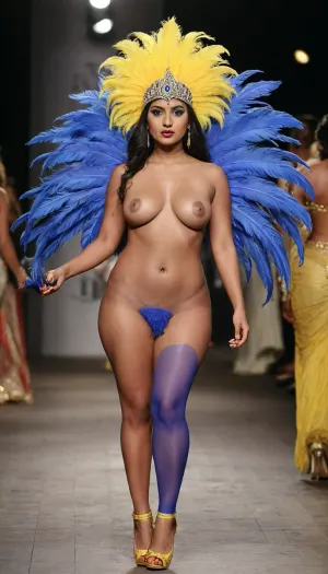 30 years old beautiful high society sexy hot young Indian supermodel, perfectly curved figure, medium large uplifting boobs, deep dark black huge areoles, deep dark black erected puffy nipples, deep huge bellybutton, clean shaved pussy with puffy clitoris, tanned skin glistening oily skin wet scattered hair, wet glistening body, Perfect realistic picture full portrait fully naked blue maskara blue lipstick heavy make-up sparkling yellow stiletto heels colorful feathers hat walking on the ramp in a crowded lakme fashion show, <lora:Sweaty_Realism_4-000006:1>, <lora:SDXLHighDetail_v5:.5>