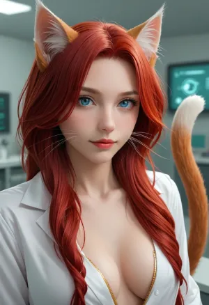 (style of Jay Anacleto:1.4), , (illustration, digital art, character concept art, comic style:1.2), illustration of a 30-year-old woman turning into a catgirl, mad science lab decor in background, long rose-red hair with with golden undertones, nice crinkled in a mischievous feline grin, mad science laboratory in background, (catgirl, furry, petgirl, transformation, cat whiskers, feline tail, feline legs:1.2), (science lab, science experiment, hybrid, chimera:1.2), Zip2D, SK_DigitalArt