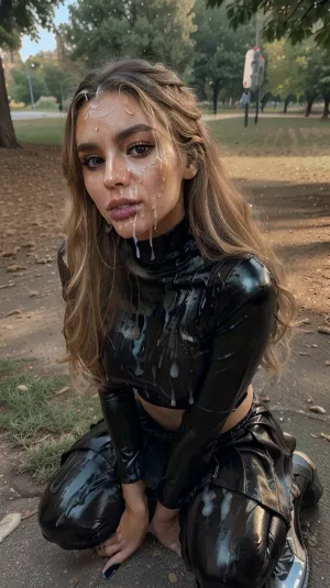 ((25 yo romanian instagram model on her knees in the park)), euro WOMAN, blonde hair, beautiful face, big load OF CUM on face, deep perspective, ((skinny face)), ((long messy wavy tousled after sex hair frames her face)), tousled hair, skinny, perfect body, pov, looking up at viewer, eye contact, (detailed face:1.3), ((wearing a sexy high neck black latex t-shirt)), orgasm expression, messy updo, ((black satin pleated skirt covered in cum), woman, facial, cum, on, breasts, stomach, covered, in, perfect), woman, logo, text, sign, that, says, the, word, stomach, perfect, bukkake, cum, facial, mouth, full, of, amateur, flash, photo, dark, background, on, face, body, clothes, swapping, man, gay, excessive, covered, in, ejaculation, projectile, breasts, back, ass, pussy, shoes, cupping, hands, cumdrip, after, sex, vaginal, <lora:bukkake_v0.4:.5>, <lora:cum_b1:.5>, <lora:facialized:.5>