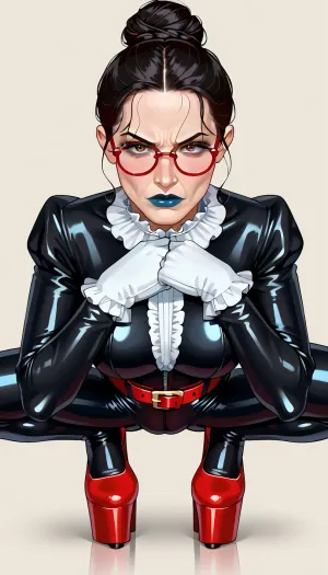 strict evil mistress, in full black latex body catsuit, covering the chest completely, very old, mature 60 years old, British headmistress, black lipstick, with Victorian Edwardian shiny black hair, (((simple hair bun))), blue lipstick, pale skin, (full frame view), angry attitude, arrogant attitude, dominant face, bitchy face, ((Looks disapproving at the camera:1.3)), looking at the viewer, intense stare, look at the viewer, eye contact, looking at camera, blue eyes, superior attitude, dominant attitude, moaning, licking upper lip, cheeky, bratty, dark blue lipstick, cute tall, looking very upset and angry at camera, A very strict, stern, ruthless, arrogant, cold, superior, ultra racist heartless, proud, Aryan, unapologetic, wearing white satin gloves with white ruffle lace, white ruffle lace collar, perfect fitting white satin ruffle gloves, serious 60 year old gestapo SS Nazi officer, (((big silicon tits))), heavy breast, 60 years old Victorian British headmistress, wearing glasses, red fetish high heels platform stiletto shoes, red high heels platform stiletto shoes, wearing red patent high heels fetish platform shoes, (big extremely round buttocks:1.3), wearing in full black latex body catsuit, extreme bulging butt, butt sticking out, extremely tight butt, looking at viewer, conservative clothes, red leather belt, boss office, full suit, pattern white suit, tight suit, big waist belt, tight waist belt, lines in suit, smooth leather pants, no pockets, tight leather pants, wearing long leather pants, wearing tight clothing, skin tight, deep butt crack, (intergluteal cleft:1.1), large waist, flirty, round eyes, dimorphic feminine face, brown eyes, (large deep butt crack:1.1), deep ass crack, bubble butt, bbl, focus on extremely juicy bubble butt, bulging ass, eye shadow, office, complete leather catsuit, round ass, large ass, fake ass, <lora:hyperass_850-1e-5-av3-LoRA-epoc43-v3:.1>, <lora:breastsizeslideroffset:.5>, wearing red glasses, <lora:back_view:.5>, <lora:Multiple_VIEWS:.5>, <lora:upskirt_below:.5>, full model in view, full view