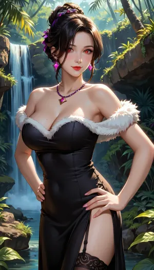 (highres, high quality:1.3), realistic, intricate details, vibrant image, sharpness, colorful, dim lighting, luluffx, mature female, 1girl, solo, night sky, star \, (sky\), standing, magic, hands on hip, looking at viewer, jungle, waterfall, cowboy shot, side view, smile, blush, black hair, single hair bun, (hair over one eye, one eye covered:1.2), (braid:.7), lipstick, makeup, perfect face, red eye, detailed hair, purple necklace, off-shoulder dress, black dress, strapless, fur trim, (multiple belts:1.1), garter straps, (thighhighs:1.2), curvy, large breasts, cleavage, <lora:LuluFFXCS2V3:.87>
