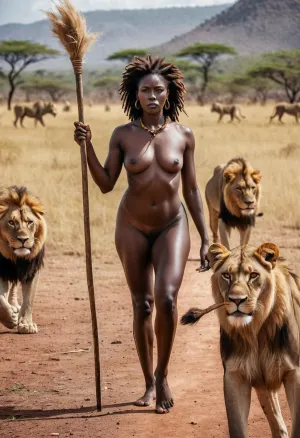 A full image of an African naked uganda dark skinned goddess as a lion shepherd, directing some lions with stick. Naturalistic and african background