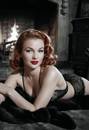 Noir style photo, night Romantic atmosphere, (italian sexy model), (((old photo poster pin up 1950's))), (((Pin up.b&w. Magazine poster 1950's))), sexy lace underwear, perfect beautiful sexy wife, fat red lips, ((transparent vintage lace sexy underwear)), gems, brilliance, Photography, photorealism, tall, beautiful perfect figure, Red bow on hair, redhead, red hair, Lying down on fur, stockings, perfect tall legs, charming eyes, smiling, noir dark 50', Candles lights on background, fireplace, soft lighting, style of Aaron Horkey, Jeremy Mann and Luis Royo, body-focused composition from a low angle, alluring figure, dark, dynamic composition, black white photo 1950's, red lipstick, warm hues, maximalist masterpiece, detailed with gouache fluidity, golden hour light, hyperrealism, hypperrealistic, hyperdetailed, 64k, ultraHDR, nklnor, bmbplora, <lora:nklnor:.8>, <lora:bimboxl_02:.5>