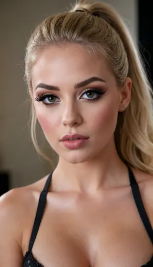Blonde girl, busty, ponytail, fake lips, overfilled lips, puckered lips, long fake eyelashes, dsrk black eyeshadow, dark black eyeliner, glossy lipstcik, trimmed eyebrowes, barbienose, petite nose, cleavage, slightly bronze skin, caramel hair