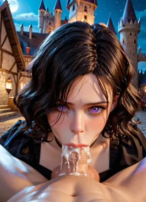 Photo of an athletic 25 years old black haired sorceress with perfect tits, wavy hair, (deepthroat:1.5), male pov, (oral creampie), purple eyes, black hair, choker, gagging, in a medieval tower, black dress, at night, balls deep