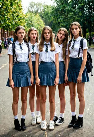 (Multiple girls), ((Perfect skinny models)), 18 years old, schoolgirls crowd, group of schoolgirls, frightened, shocked, ((perfect pretty tall skinny faces)), 16k Uber high quality full length photo, (little), no subject cropping, full body view