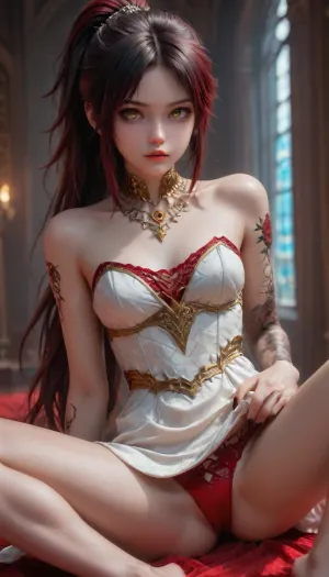(armor white Dress, Gold jewelry on the neck), (red lace panties), (long hair ponytail), (Ruby Rose Hairstyle), (oval shape head), (round head), (high cheekbones), (beautiful face), (strong jawline), (Beautiful shining yellow eyes), (almond-shaped eyes), (long lashes), (tin eyebrows), ((full lips), (170cm high), ((edgy style), (dark nails), (tattoos), (tattoos 50% body), (small elastic breasts), (very slim body), (perky breasts), (flat stomach), (small ass), (round ass), (firm ass), (spread toned legs), (lean legs), (feminine legs), (well-defined feet))), (Against the background of Gothic cathedral), F41Arm0rXL, <lora:EnvyZoomSliderXL01:.1>, <lora:dAIversityLoRASDXL-PhotoSemiReal:2>, <lora:Fae_Armor_XL-000008:1>