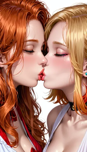 2girls, (Blonde), and, (Short, Redhead), (very detailed faces:1.2), (teardrops detailed giant breasts), (White background), (kissing:1.5), 4ng3l, face, linkie, j_guochao, <lora:SDXL_BetterFaces-LoRA_v1:1.5>, <lora:juaner_guochao:1.7>