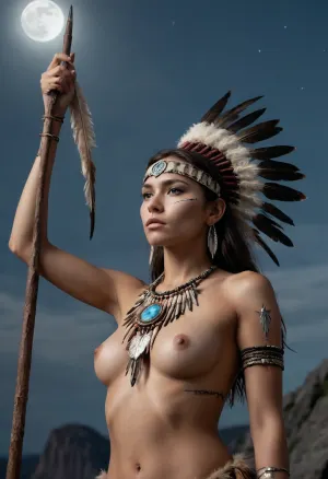 Woman, nude, 18 years old, native American, half body view, View from below, Standing ON top of a Rock, moonlight, wolf teeth necklace around her neck, traditional war Paint ON her body, feathers in Hair, Holding a Spear in hand, head dress, 4k, highly detailed
