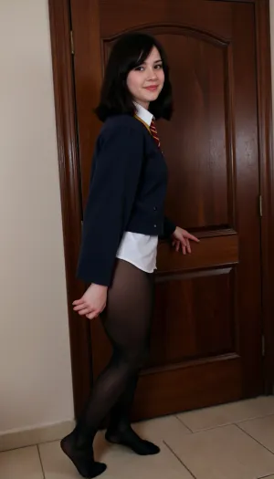 (character, hermione granger, Black Hair, /, (ultra HD, quality, details), (((wearing black pantyhose))), (hogwarts school uniform), slim waist, six pack abs, hourglass figure, mischevious smirk, slanted half open eyes), ((raped by nude man)), side view, full body shot, sex, (dynamic pose), (prone bone), (rough sex), scream, orgasm, happy