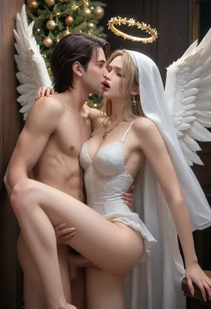 (Boa Hancock One Piece), slavic, Snow Maiden against the background of a Christmas tree, over the altar, wearing sexy nun lingerie, Fur Shoulder Bolero, french kiss, angel tunic, angel hair, angel hairstyle, white angel big wings with gold leaf, gold leaf on hair, golden laurel crown, big cross on chest, halo of bright light, dark background, 1girl and 1boy, hyperrealistic photograph of a gorgeous 22yo russian onlyfans model with an athletic build slim waist and perky natural breasts being pressed against a wall and fucking in standing doggystyle position by a muscular blonde man with a large penis, vaginal penetration, balls deep penetration, man holding woman's leg up while fucking, head tilted back, moaning in pleasure, best lighting, 35mm camera, professional photoshoot quality
