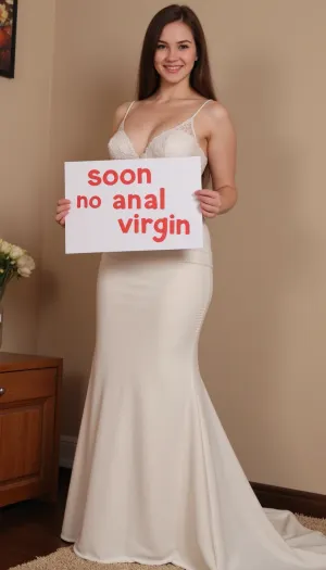 A 30 year old, (slim slender), brown hair, sexy wedding dress, smiling, full body, With a sign printed in large letters "soon no anal virgin"