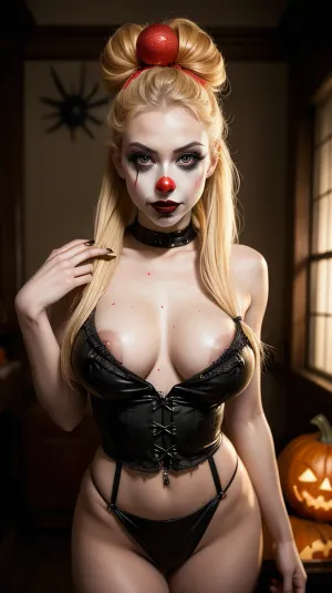 beautiful sexy slutty slender 18 year old blonde pigtail haired woman with cum on her face and tits inside a haunted house on Halloween night wearing elaborate and professional creepy clown cosplay outfit and makeup, natural tits, Halloween clown makeup, cosplay, creepy clown cosplay, perfect face, perfect eyes, realistic, full view, haunted, asylum, Halloween, decorations, cobwebs, eerie, mysterious, clown, gothic makeup, seductive, halloweencoser, doctpollpara, facial, cum, on, face, breasts, stomach, covered, in, perfect