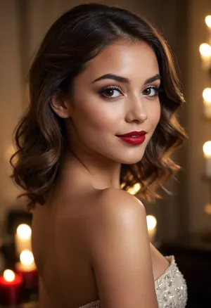 20 year old brown haired woman side eyeing camera, looking over her shoulder, deeply tanned brown skin, smiling, happy, seductive, back to camera, full dark red lips, prominent cupids bow lips, shiny lipgloss, hair loose, (eyeliner, winged eyeliner, dark eyeshadow), makeup, nude, (candlelight)