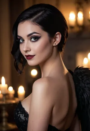 20 year old black haired goth woman side eyeing camera, looking over her shoulder, seductive, back to camera, smiling brightly, prominent cupids bow lips, (eyeliner, winged eyeliner, dark eyeshadow), makeup, nude, (candlelight)