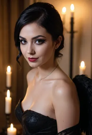 20 year old black haired goth woman side eyeing camera, looking over her shoulder, seductive, back to camera, smiling brightly, prominent cupids bow lips, (eyeliner, winged eyeliner, dark eyeshadow), makeup, nude, (candlelight)