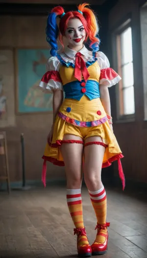 Full body view, twin tails, sexy, Clown girl, flash pantys