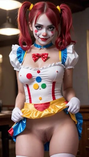 Full body view, twin tails, sexy, Clown girl, skirtlift, <lora:skirtlift_xl:.5>, h41ry, <lora:h41ry:.5>