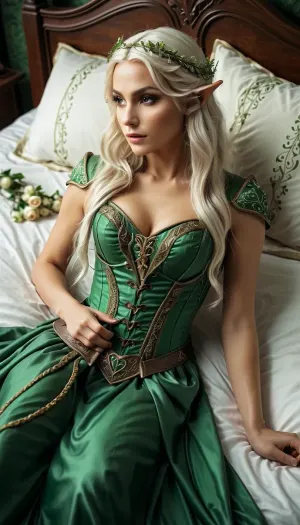 masterpiece, woman, female elf in sexy elven dress with corset lying on bed, stocking, amateuranal, missionaryanal, <lora:amateuranal:.5>, rpgelf, <lora:RPGElfXL:.5>