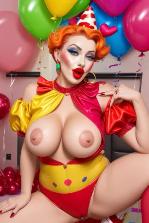 Hot milf, birthday clown titfucking hot woman, red lipstick, big boobs, big thighs, titfucking a man, man wearing colorful Clow outfit, (male clown POV), colorful balloons, birthday party, igbaddie, tvclown, <lora:nerd:.5>, <lora:TVClown:.5>, <lora:pov_titjob_v1:.5>