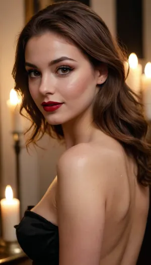 20 year old brown haired woman side eyeing camera, looking over her shoulder, smiling, happy, seductive, back to camera, full dark red lips, prominent cupids bow lips, shiny lipgloss, hair loose, (eyeliner, winged eyeliner, dark eyeshadow), makeup, nude, (candlelight)