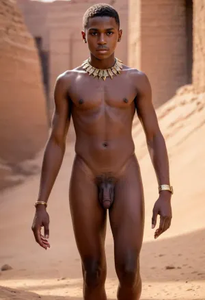 A horny 18-year-old ancient Egyptian slave boy strides confidently through a sunlit desert. he wears a topless torn white gown detailed with intricate metal embroidery, paired with an elaborate metal and lapis slave collar and matching armbands, young slim body is seen. The slave emanates both elegance and horniness. boy captured by four Roman legionaries, the backdrop features towering sandstone statues and pyramids bathed in warm golden light, (creating a majestic and erotic ambiance), ((masterpiece, clear image, photorealistic, high res, very Black dark Skin, full body in frame, perfect illumination, bright lighting, realistic fingers of hands, (best shadow), 8k, (masterpiece, best quality, high-res, high resolution), (extremely detailed, ultra realistic), best quality, ultra-detailed, finely detail)), detailed legs, small nipples, detailed feet, uncircumcised penis, cute face, deep tan, tan feet, chewing gum on the foot, small body, slim chest, photorealistic, zavy-rmn, <lora:DetailedEyes_V3:.5>, <lora:SDXLlora4flFut-000014:.6>, <lora:zavy-rmn-sdxl:1.1>, <lora:xpenis-1.5e:.5>