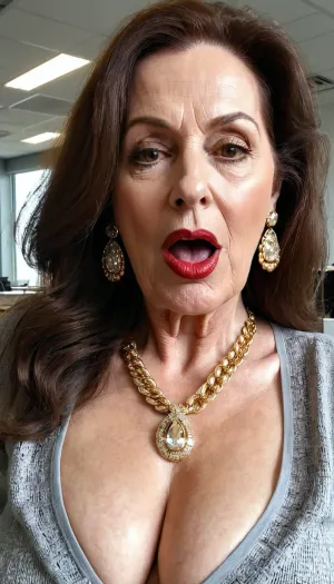 old granny mature, 70 years old granny, brunette, long hair, glamour, very chubby, beautiful big black eyes, gold necklace, huge earrings, at the office, very tall, looking at the camera, selfie picture, face and boobs focus, red lips, granny, tiny saggy boobs, super fancy glamour, make up, big nose, big lips, big mouth, open mouth orgasm, screaming orgasm face, cuming