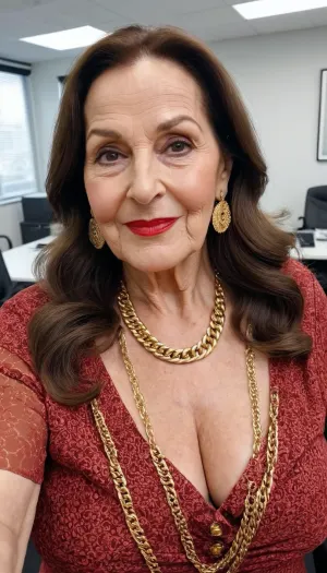 old granny mature, 76 years old granny, brunette, long hair, glamour, very chubby, beautiful big black eyes, gold necklace, huge earrings, at the office, sweaty body, very tall, looking at the camera, selfie picture, face focus, red lips, granny, horny smile, cute face, big nose, long face