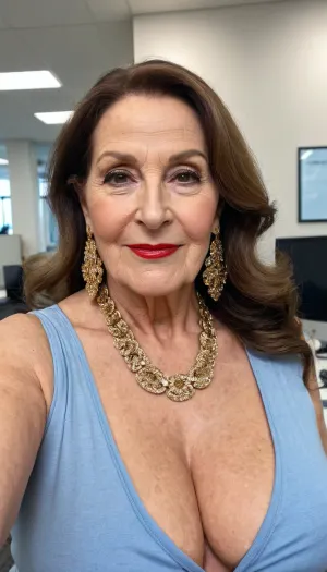 old granny mature, 76 years old granny, brunette, long hair, glamour, very chubby, beautiful big black eyes, gold necklace, huge earrings, at the office, sweaty body, very tall, looking at the camera, selfie picture, face and boobs focus, red lips, granny, horny sexy smile, saggy boobs, super fancy glamour, make up