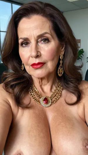 old granny mature, 81 years old granny, brunette, long hair, glamour, very chubby, beautiful big black eyes, gold necklace, huge earrings, at the office, sweaty body, very tall, looking at the camera, selfie picture, face and boobs focus, red lips, granny, horny sexy face, saggy boobs, super fancy glamour, make up, very saggy boobs, sexy boobs