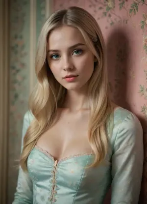 (brightly lit portrait photo:1.4), (pastel colors:1.4), (patterned wallpaper:1.2), (very long straight buttlength hairstyles:1.2), standing against a wall, looking straight at camera, facing forward, power pose, authoritative expression, arrogant smirk, intense piercing expression, overexposed, soft ambient lighting, high detail, natural light, intimate, expressive, nostalgic, elegant, serene, delicate, rich textures, subtle shadows, refined, vintage aesthetic, whimsical, airy, calm, 50mm lens, f/2.8, evocative, harmonious, gentle, detailed, timeless, (a 21-year-old blond girl), ZipRealism, <lora:WowifierXL-V2:.75>