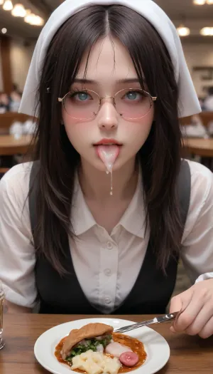 lips, black hair, blush, cum, 1girl, cum string, in a restaurant, at a table, holding a fork, fork in mouth, knife in left hand, boobs on table, elbows on table, rolling eyes in pleasure, glass with sperm, used condom in glassб eating, food, cumdrip, close-up, cum in mouth, sunglasses, head scarf, plate, knife, fork, gokkun, eyewear on head, bright pupils, food in mouth, cum on food, labia steak, disgust, disguise, blind eyes, white eyes, no pupils, star-shaped eyewear
