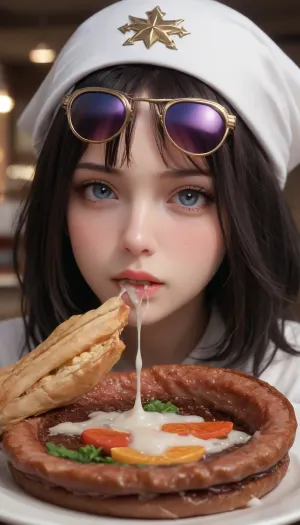 lips, black hair, blush, cum, 1girl, cum string, eating, food, cumdrip, close-up, cum in mouth, sunglasses, head scarf, plate, star, (symbol), gokkun, eyewear on head, bright pupils, food in mouth, cum on food, steak, disgust, disguise, white pupils, star-shaped eyewear