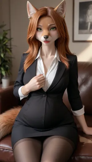 furry anthro female, furry anthro fox girl, furry female, furry anthro, furry body, bright fur, furrysdxl, furry anthro girl is a sexy secretary, smiling, green eyes, magnificent makeup, long ginger hair, ear piercing, nose piercing, tongue piercing, sitting on the big couch, looking at viewer, fully clothed female, clothed female, shirt, skirt, long skirt, black pantyhose, pantyhose, secretary suit, large breasts, narrow waist, large hips, large thighs, wide hips, big hips, thick thighs, big round ass, large ass, curvy woman, digital artwork, masterpiece, room with ambient neon light, pregnant, she strokes her pregnant belly, <lora:early621-000002:1.6>