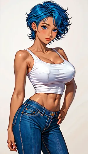 1girl, (latina, brown skin, blue hair, pixie hair, giant breasts, athletlic body, wearing a tank top and jeans), (very detailed faces:1.2), (teardrops detailed giant breasts), (white background), (posing:2), 4ng3l, face, linkie, <lora:SDXL_BetterFaces-LoRA_v1:1.5>