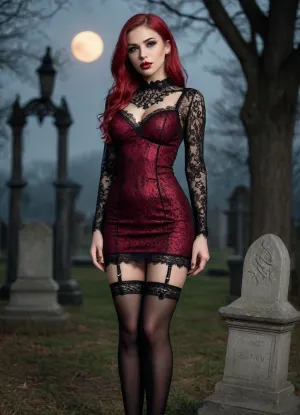 Nightfall's embrace: four elegant gothic vixens posing under a blood-red moon