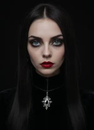 (An enrapturing portrait of an stunningly beautiful goth girl silhouetted against a black velvety backdrop:1.4), , (focus on eyes, intense expression, unnerving, eerie, inescapable eye contact, straight on view, leaning in, demanding presence:1.5), (long straight raven black hair), (soulless pale blue eyes, pale creamy porcelain skin, intense eye contact, chiselled cheekbones, strong jawline, defined jawline, elegant neck), (goth makeup, eye shadow, mascara, heavy mascara, winged eyeliner, long eyelashes, immaculate eyebrows, blood red lipstick, wet lip look), (her predatory smirk hints at the deadly fangs hidden beneath her glistening lips), ZipRealism