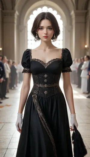 masterpiece, high quality, Oil Painting, Hyper-realistic, hyper-detailed painting of an awkwardly beautiful blushing 20 year old girl who is wearing a winter formal dress, Chanel Métiers d'Art totc haute couture, and fine gloves, she is prim and proper, walking through a 19th century Portobello Road Market in London. She looks like a winter fashion model. Focus on the girl, shadow and light, Masterpiece, intricate lines, intriguing atmosphere, sharp magnificent details, delicate features, elaborate details, (23 rule composition:.5), ultra detailed, romantic, Rembrandt lighting, brush stroke, lovely, del1cate_balance style, novuschroma, in the style of Rembrandt. vantablack